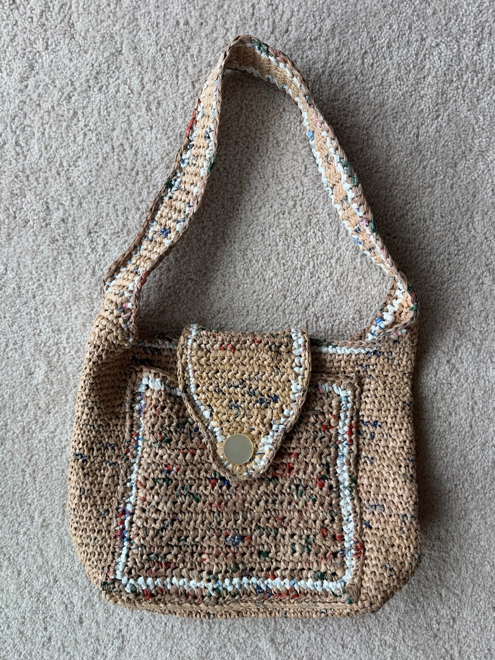 Handwoven Tan Crochet Shoulder Bag with Multicolor Speckle